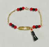 10K Yellow Gold Genuine 4mm Azabache Jet & Red Coral w/Azabache Mano Figa 6" Dios Me Bendiga, God Bless Me or No Me Beses Curb Link Bracelet