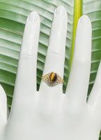 10K Yellow Gold Oval 8mm x 6mm Genuine Tiger's Eye Dainty Filigree Ring