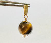 Vintage NOS 1960's 14 Karat Yellow Gold and Genuine 10mm Tiger's Eye Bead Pendant