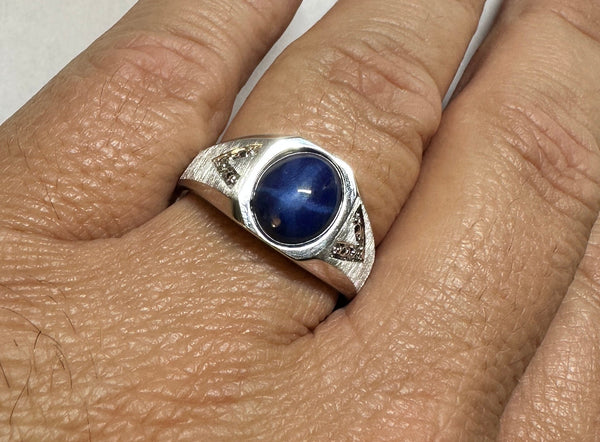 Sterling Silver Oval Shaped Lab Created Blue Star Sapphire and Genuine Diamond Man's Ring