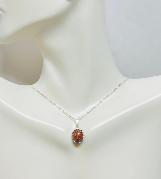 Sterling Silver 10 x 8mm Brown Goldstone "Venturina" Crown Style Pendant (Available with or without chain)