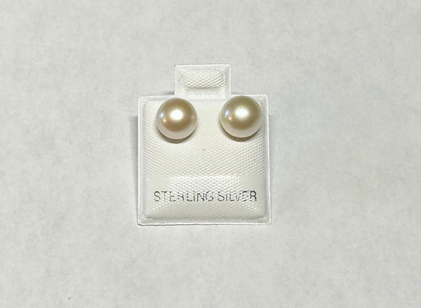 Sterling Silver Genuine 8mm White Button Freshwater Cultured Pearl Stud Post Earrings