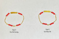 10 Karat Yellow Gold Genuine 4mm Red Coral 6" Figaro Link "Dios Me Bendiga OR God Bless Me" Baby Bracelet