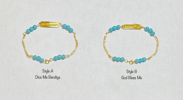 10 Karat Yellow Gold Genuine 4mm Turquoise 5.5" Figaro Link "Dios Me Bendiga OR God Bless Me" Baby Bracelet