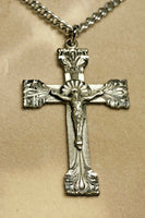 Vintage NOS 1960's INRI Sterling Cucifix Cross Religious Charm CHAPEL Brand Pendant with Stainless Steel Chain