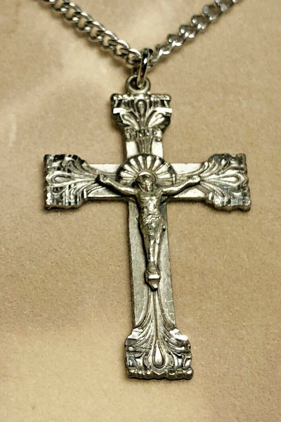 Vintage NOS 1960's INRI Sterling Cucifix Cross Religious Charm CHAPEL Brand Pendant with Stainless Steel Chain