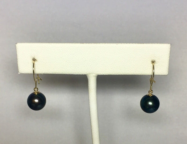 14Kt Yellow Gold 9mm Freshwater Cultured Black Pearl Dangle Wire Earrings