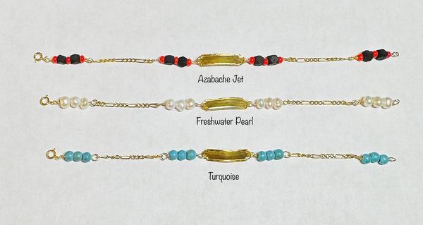 10 Karat Yellow Gold Genuine 4mm Azabache Jet, Freshwater Pearl or Turquoise 5.75" Personalizable Baby ID Figaro Bracelet