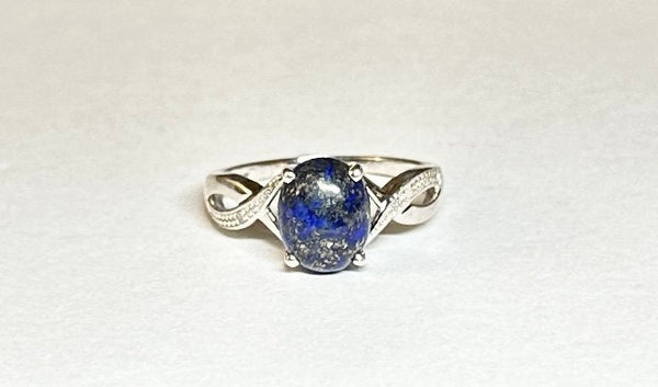 Sterling Silver Genuine 10 x 8mm Oval Cabochon Lapis Lazuli & Diamond Ladies Ring