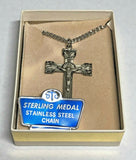 Vintage NOS 1960's INRI Sterling Cucifix Cross Religious Charm CHAPEL Brand Pendant with Stainless Steel Chain