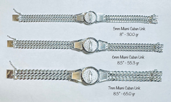 Sterling Silver Miami Cuban Link Our Lady of Guadalupe ID Bracelet (3 widths available)