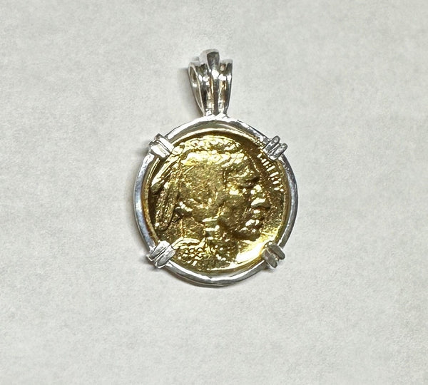 American Coin Jewelry with 24K Gold-plated Vintage Buffalo Nickel in Handmade Sterling Silver Pendant Setting (1936 or 1937)