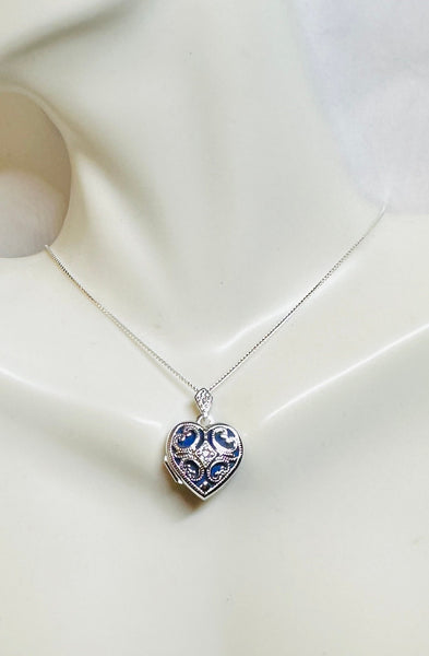 Sterling Silver Rhodium-plated Genuine Diamond 15mm Filigree Heart Locket with 18" Box Chain