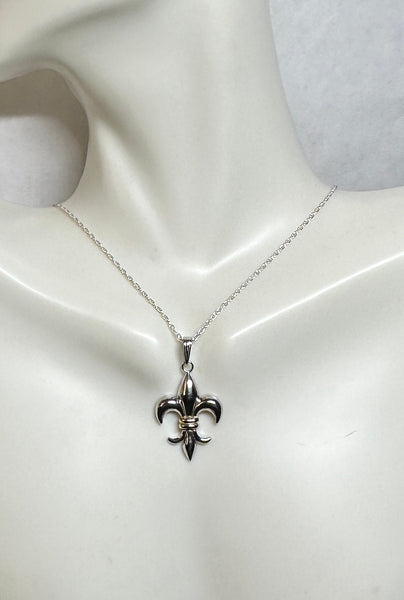 Sterling Silver & 14 Karat Yellow Gold Polished Fleur de Lis Pendant (Available with or without chain)