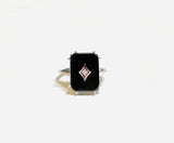 Vintage NOS 1970's Sterling Silver & 14K White Gold Genuine Diamond Rhomboid and Black Onyx Ladies Ring