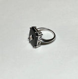 Vintage NOS 1970's Sterling Silver & 14K White Gold Genuine Diamond Rhomboid and Black Onyx Ladies Ring