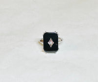 Vintage NOS 1970's Sterling Silver & 14K White Gold Genuine Diamond Rhomboid and Black Onyx Ladies Ring