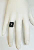 Vintage NOS 1970's Sterling Silver & 14K White Gold Genuine Diamond Rhomboid and Black Onyx Ladies Ring