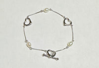 Sterling Silver and Genuine Freshwater Pearl Snake Chain Heart Toggle Clasp 7.5" Bracelet