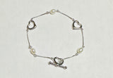 Sterling Silver and Genuine Freshwater Pearl Snake Chain Heart Toggle Clasp 7.5" Bracelet