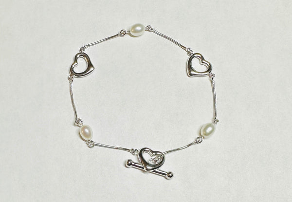 Sterling Silver and Genuine Freshwater Pearl Snake Chain Heart Toggle Clasp 7.5" Bracelet