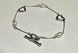 Sterling Silver and Genuine Freshwater Pearl Snake Chain Heart Toggle Clasp 7.5" Bracelet