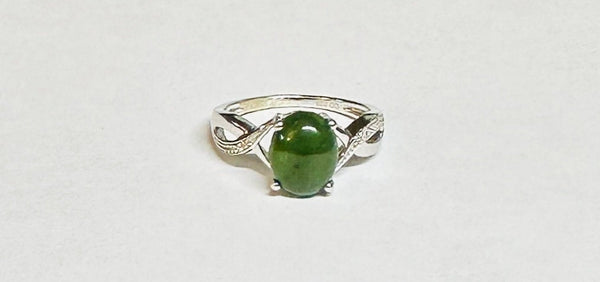 Sterling Silver Genuine 10 x 8mm Oval Cabochon Nephrite Jade & Diamond Ladies Ring