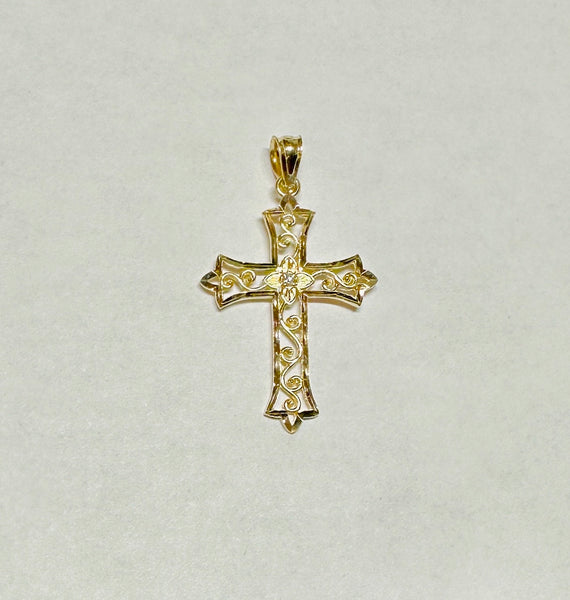 14 Karat Yellow Gold Filigree Cross Pendant with Genuine Diamond