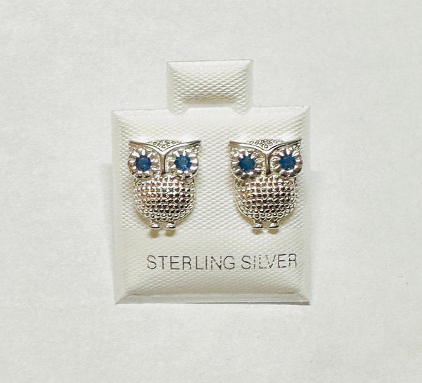 Sterling Silver .925 Rhodium-plated Created Blue Sapphire Owl Post Earrings for Pierced Ears