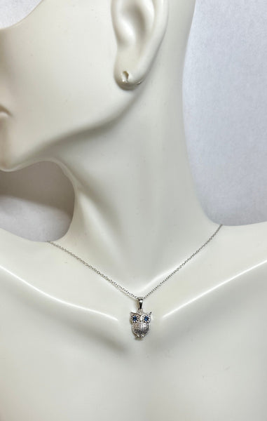 Sterling Silver Rhodium-plated with Blue Synthetic Sapphire Owl Pendant (Available with or without chain)