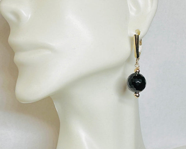 14 Karat Yellow Gold Filled and Genuine 10mm Faceted Black Onyx Bead Lever Back Earrings