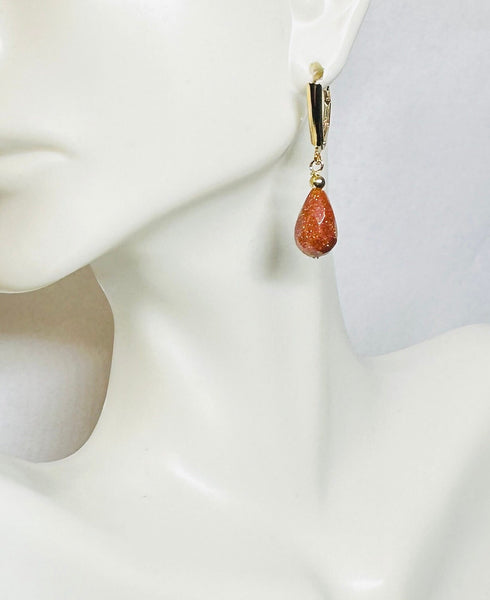 14 Karat Yellow Gold Filled and Teardrop 12mm x 8mm Faceted Brown Goldstone "Venturina" Lever Back Earrings