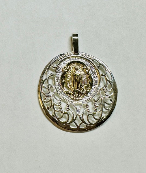 Sterling Silver and 10 Karat Yellow Gold Our Lady of Guadalupe "Virgen de Guadalupe" Filigree Medal