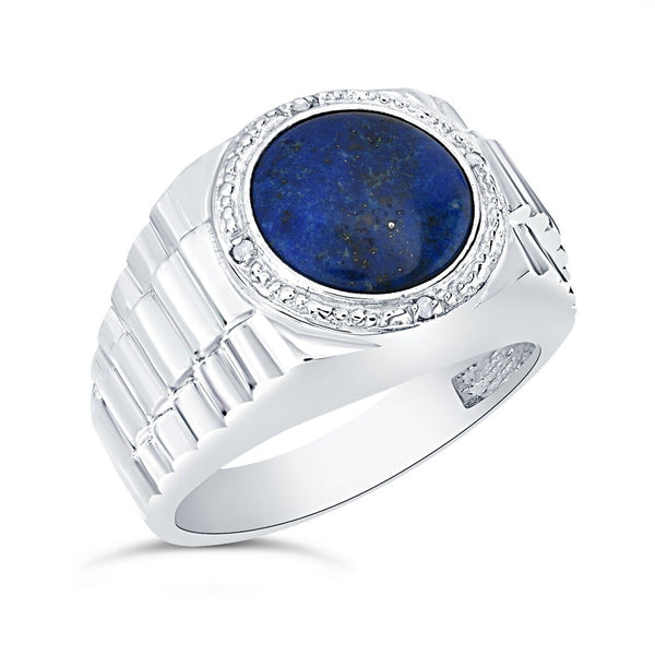 Sterling Silver Round Cabochon 11mm Genuine Blue Lapis & Diamond Men's Ring