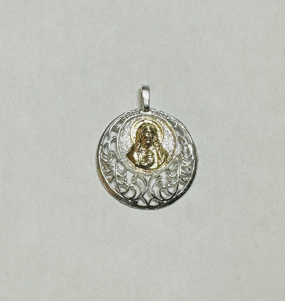 Sterling Silver and 14 Karat Yellow Gold Sacred Heart of Jesus "Sagrado Corazon" Filigree Medal