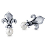 Sterling Silver and Genuine 8mm Round Freshwater Pearl Fleur-de-Lis Post Earrings