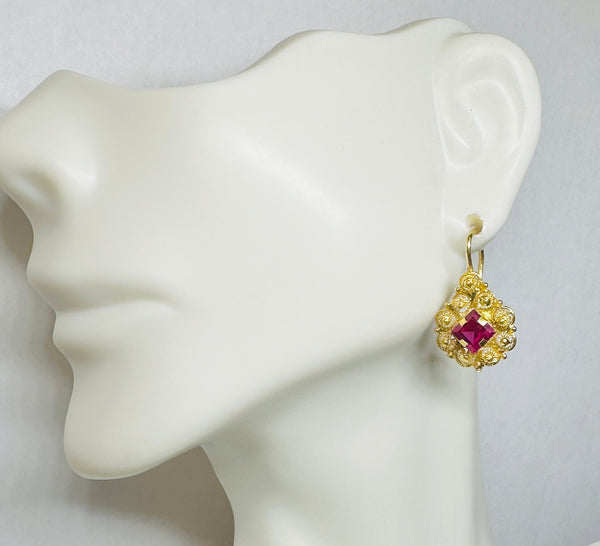 Vintage 1960's 14 Karat Yellow Gold and Synthetic Ruby Ornate Wire Earrings