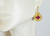 Vintage 1960's 14 Karat Yellow Gold and Synthetic Ruby Ornate Wire Earrings