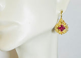 Vintage 1960's 14 Karat Yellow Gold and Synthetic Ruby Ornate Wire Earrings