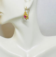 Vintage 1960's 14 Karat Yellow Gold and Synthetic Ruby Ornate Wire Earrings