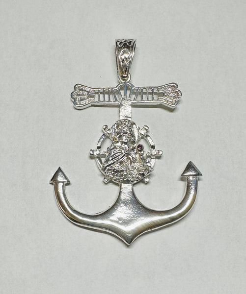 Sterling Silver and Genuine Ruby Saint Barbara 3" Anchor Mariner Pendant