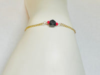 10 Karat Yellow Gold Genuine 6mm Azabache Jet and Coral Bead Curb Link Bracelet