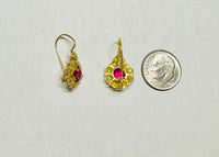 Vintage 1960's 14 Karat Yellow Gold and Synthetic Ruby Ornate Wire Earrings