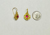 Vintage 1960's 14 Karat Yellow Gold and Synthetic Ruby Ornate Wire Earrings