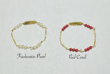 10 Karat Yellow Gold 6" Personalized Figaro ID Baby Bracelet with Genuine Freshwater Pearls Or Dyed Red Coral