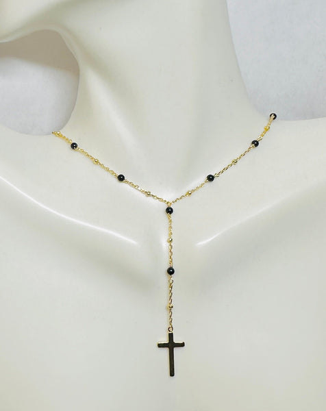 18 Karat Yellow Gold-plated Sterling Silver Genuine Onyx Bead 16" +2" Extension Station Necklace with Cross