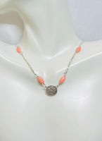 Sterling Silver 925 and Dyed Coral 18” Angel Cherub Medal Necklace