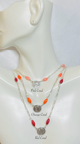 Sterling Silver 925 and Dyed Coral 18” Angel Cherub Medal Necklace