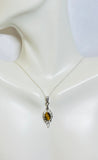 Sterling Silver and Genuine 8 x 6mm Oval Cabochon Tiger's Eye Leaf Motif Pendant with 18" Chain