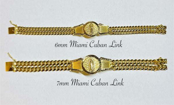 18 Karat Yellow Gold-plated Sterling Silver Miami Cuban Link Our Lady of Guadalupe ID Bracelet (2 widths available)